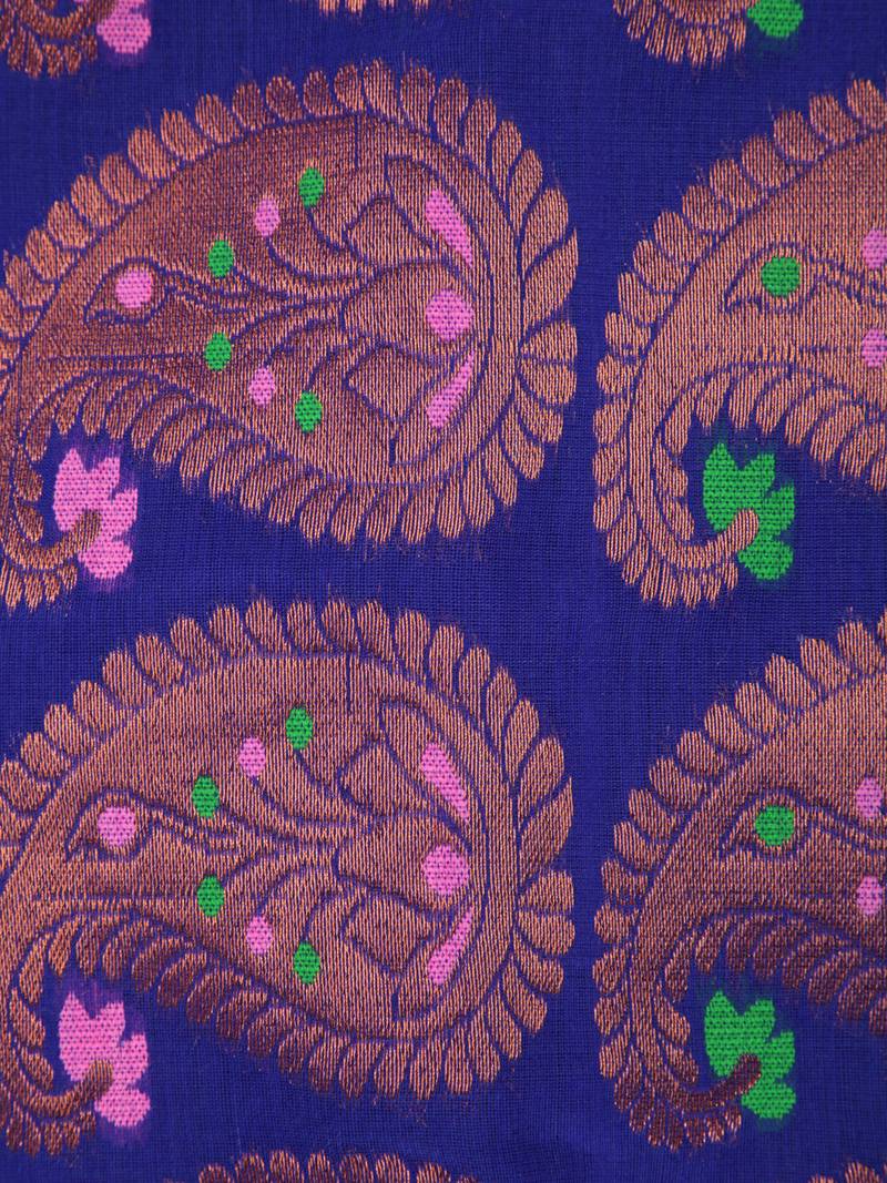 PinkLoom Women's  Blue Hand_Woven Cotton-Silk-Sarees With Unstitched Blouse Piece