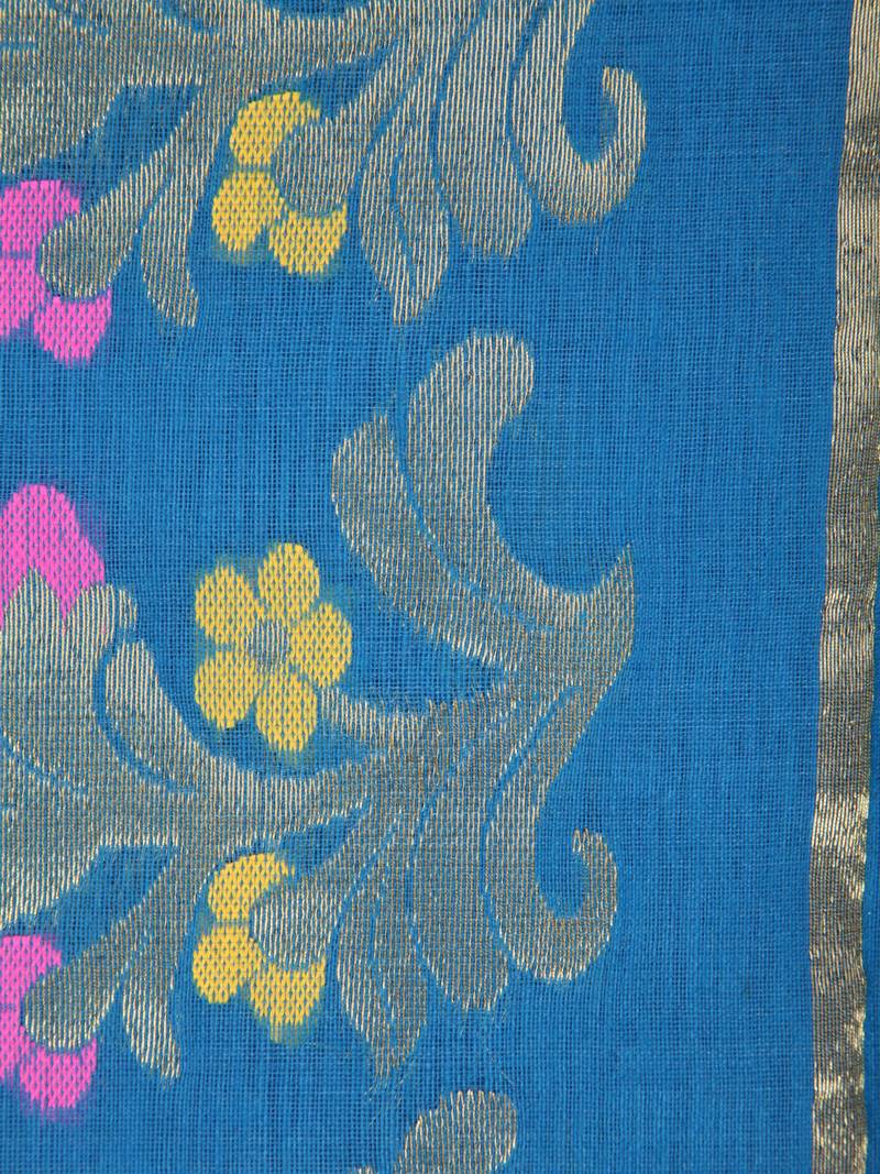 PinkLoom Women's Blue Hand_Woven Cotton_Silk Saree With Blouse