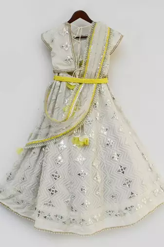 Off white Gota Embroidery Lehenga Choli Dupatta for Girls