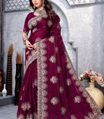 Wine Coding Embroidery Work Crepe Silk Saree