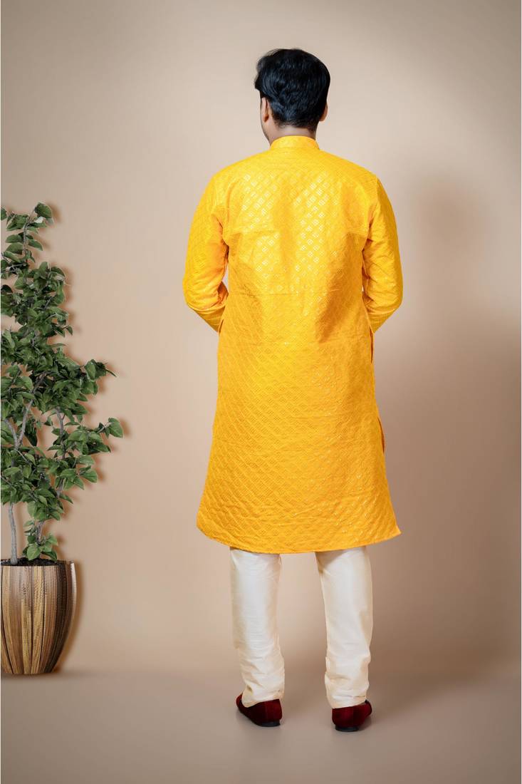 Ahlan apparels siquins tiki work dupion silk kurta and pajama set for mens