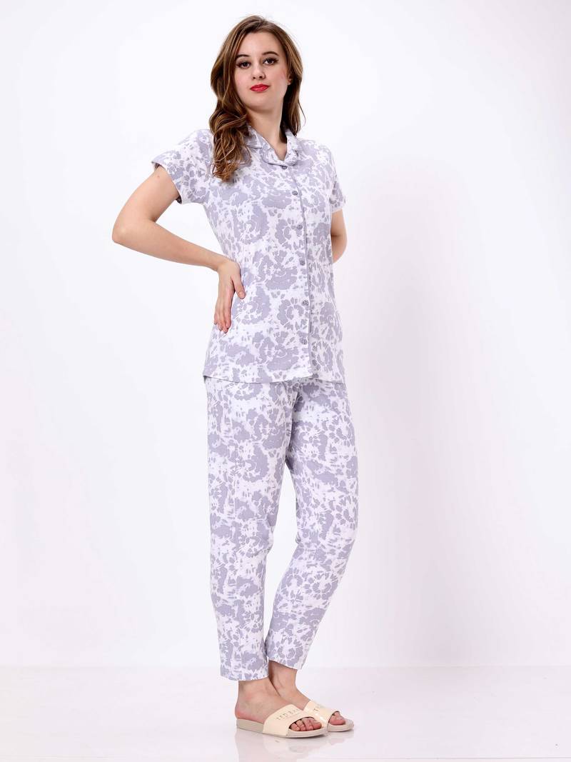 Hollyhock Luxe Lounge Premium Front-Open tie-dye Grey Nightwear Set
