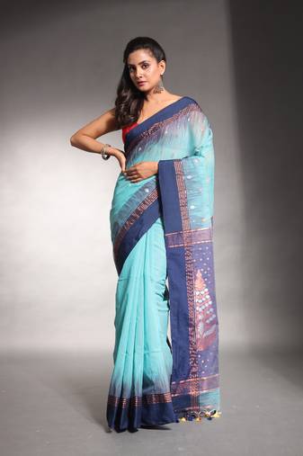 Sea green cotton soft saree with ikkat style