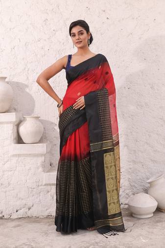 Red cotton soft saree with ikkat style