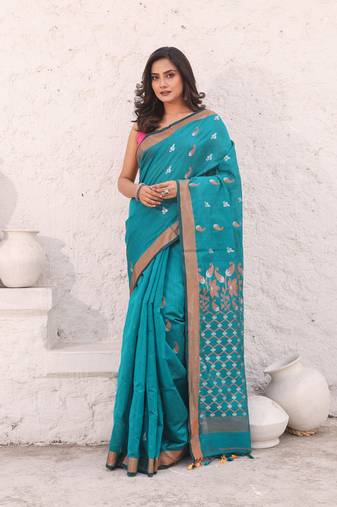 Teal cotton saree with zari border