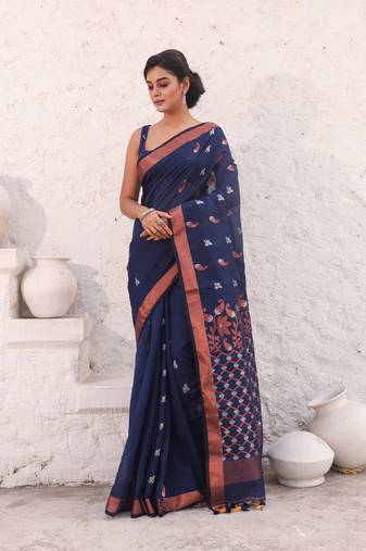 Navy blue cotton saree with zari border