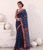 Navy blue cotton saree with zari border