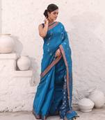Teal blue cotton saree with zari border