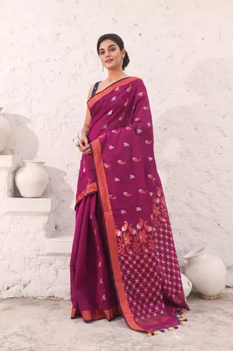 Magenta cotton saree with zari border