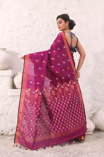 Magenta cotton saree with zari border