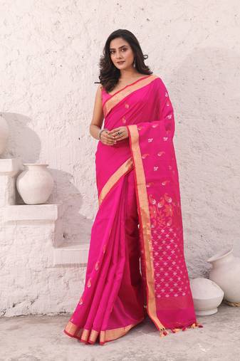 Hot pink cotton saree with zari border