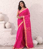 Hot pink cotton saree with zari border