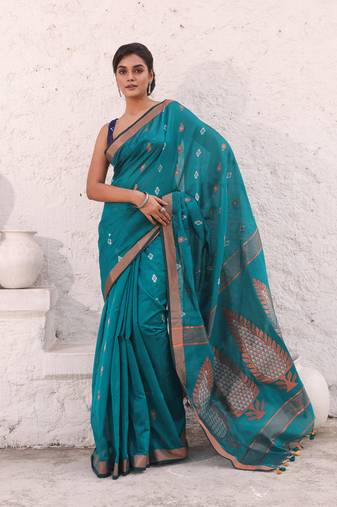 Teal cotton saree with zari border
