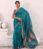 Teal cotton saree with zari border