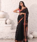 Black cotton saree with woven designs and zari border
