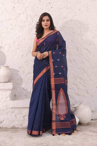 Navy blue cotton saree with woven designs and zari border
