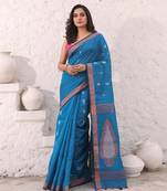 Sky blue cotton saree with woven designs and zari border