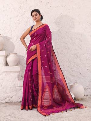 Purple cotton saree with woven designs and zari border 1