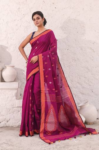 Purple cotton saree with woven designs and zari border