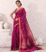 Purple cotton saree with woven designs and zari border