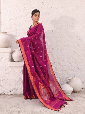 Purple cotton saree with woven designs and zari border 2