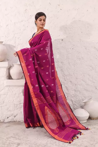 Purple cotton saree with woven designs and zari border
