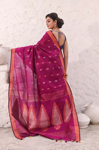 Purple cotton saree with woven designs and zari border