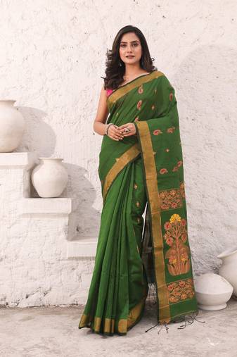 Moss green cotton saree with woven designs and zari border