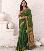 Moss green cotton saree with woven designs and zari border