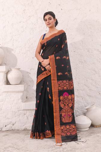 Black cotton saree with woven designs and zari border