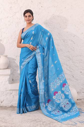 Sky blue cotton saree with woven designs and zari border