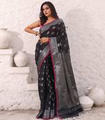 Black cotton saree with damask motifs and zari border