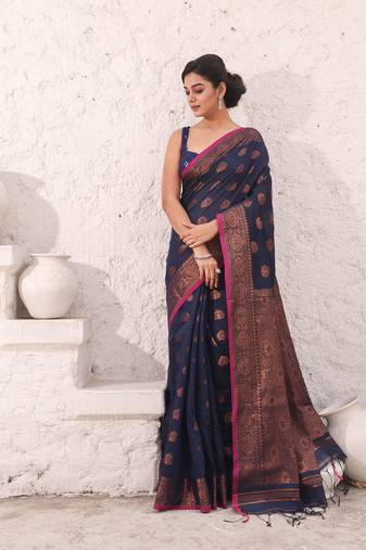 Blue cotton saree with damask motifs and zari border