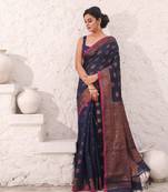 Blue cotton saree with damask motifs and zari border