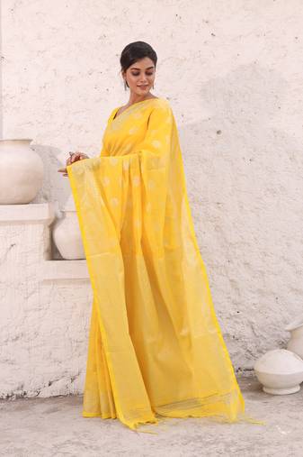 Light yellow cotton saree with damask motifs and zari border