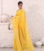 Light yellow cotton saree with damask motifs and zari border