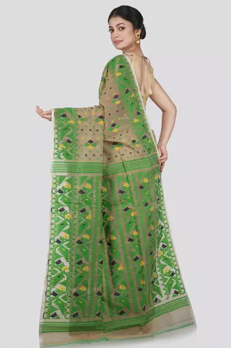 Pinkloom Women'S Beige Hand_Woven Cotton Jamdani Saree Without Blouse