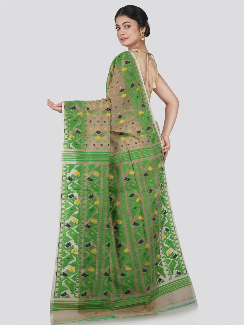 Pinkloom Women'S Beige Hand_Woven Cotton Jamdani Saree Without Blouse