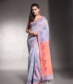 Grey cotton soft saree with temple border and woven designs