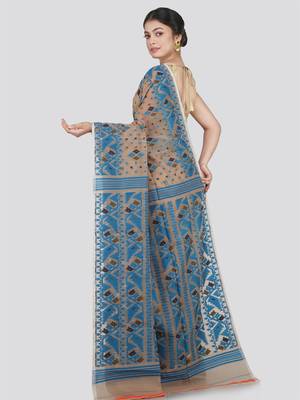 Pinkloom Women'S Beige Hand_Woven Cotton Jamdani Saree Without Blouse 3