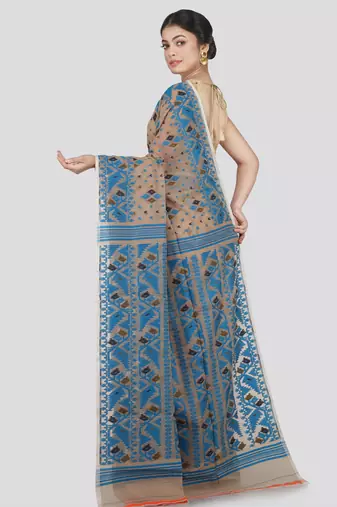 Pinkloom Women'S Beige Hand_Woven Cotton Jamdani Saree Without Blouse