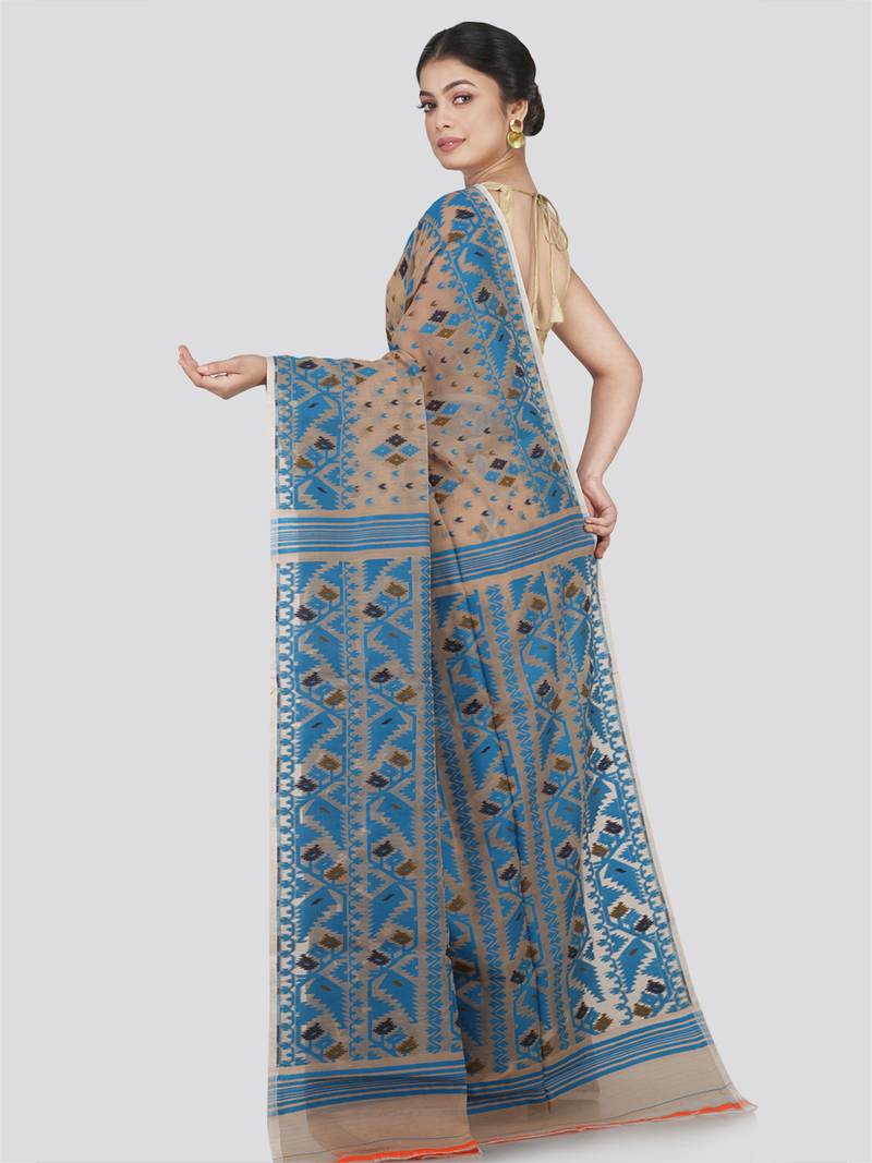 Pinkloom Women'S Beige Hand_Woven Cotton Jamdani Saree Without Blouse