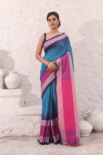 Teal blue pure cotton ikkat saree with texture border