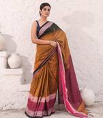Mustard pure cotton ikkat saree with texture border