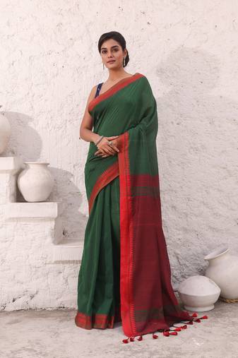 Green pure cotton saree with temple border