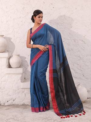 Teal blue pure cotton saree with temple border 1
