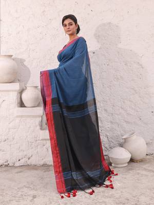 Teal blue pure cotton saree with temple border 2