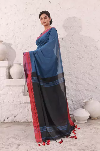Teal blue pure cotton saree with temple border