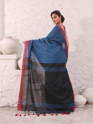 Teal blue pure cotton saree with temple border 3