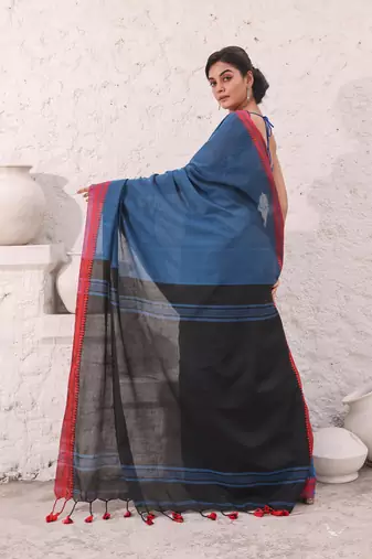 Teal blue pure cotton saree with temple border